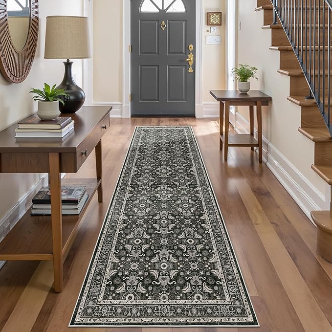 WITSHOCK Black Boho Washable 3x8 Kitchen Runner Rug,Vintage Neutral Hallway Rugs for Entryway,Soft Distressed Floor Mat for Bedroom,Entrance,Indoor Back Door(Black,3x8)