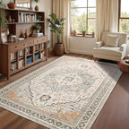 4x6 Grey Beige Area Rug for Living Room, Machine Washable Rugs with Non-Slip Backing for Bedroom, Vintage Medallion Carpet Kitchen Laundry Kids Room Decor
