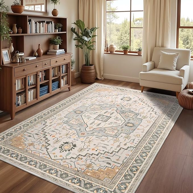 6x9 Grey Beige Area Rug for Living Room, Machine Washable Rugs with Non-Slip Backing for Bedroom, Vintage Medallion Carpet Dining Room Office Kids Room Decor