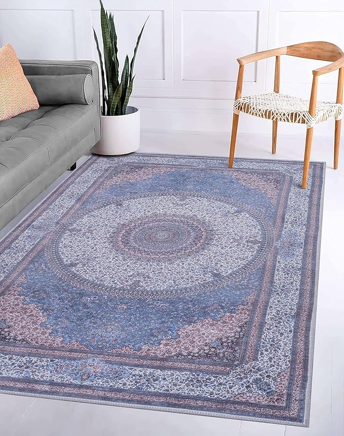 GLN Rugs Traditional Collection - Machine Washable Area Rug, Traditional Washable, Non Slip, Low Pile Chenille Rug, Living Room, Bedroom, Kitchen Rug (6' x 9' Navy/Off White)