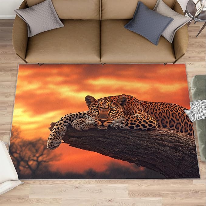 3x5 Sunrise Leopard Dorm Rug - Sunset African Savanna Small Rugs for Bedroom, Wild Animal Area Rug Washable Non Slip for Bedroom Kitchen Living Room Entryway