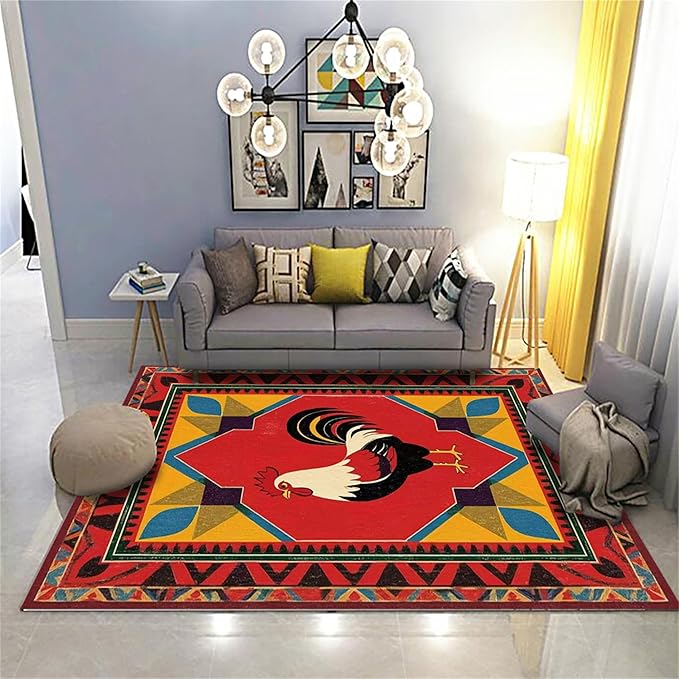 Country Rooster Rugs，5x6ft,Colorful Geometric Rooster Pattern Rug，Rooster Pattern Colorful Rug. Ethnic Vintage Design Non-Slip Washable Floor Mat for Living Room Bedroom Farmhouse Home Office