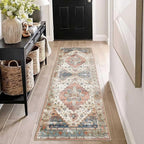 Enkor Runner Rugs for Hallway, 2x6 Washable Soft Non Slip Floor Rugs for Kitchen, Modern Mat for Living Room Bedroom Entryway Beige & Red