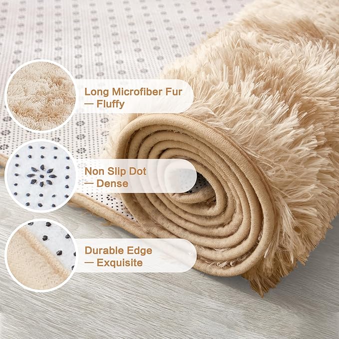 Andency Soft Area Rugs for Living Room Bedroom, 5x8 Fluffy Shaggy Bedside Rug, Non-Slip Large Shag Fuzzy Plush Carpets for Bedroom Kids Dorm Nursery Home Decor Aesthetic, Tie-Dyed Beige