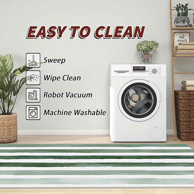 4x6 Rug Washable - Striped Rug for Bedroom, Green and White Stripe Minimalist Watercolor Non Slip Low Pile Area Rugs for Living Room Laundry, Striped Carpet Room Decor & Gifts