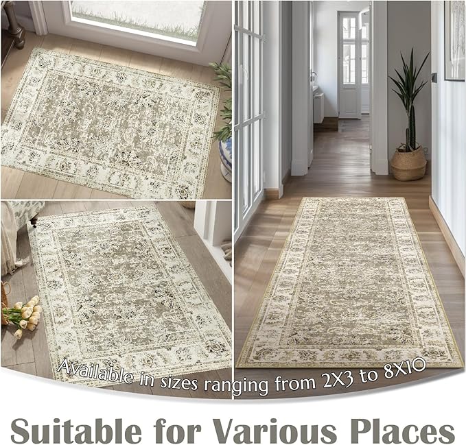 jinchan Fiora Hallway Runner Rug 3x8 Washable Runner - Vintage Floral Non Slip Low-Pile Soft Thin Faux Wool Kitchen Rug Distressed Carpet for Farmhouse Bedroom Laundry Room(3x8ft, Taupe)