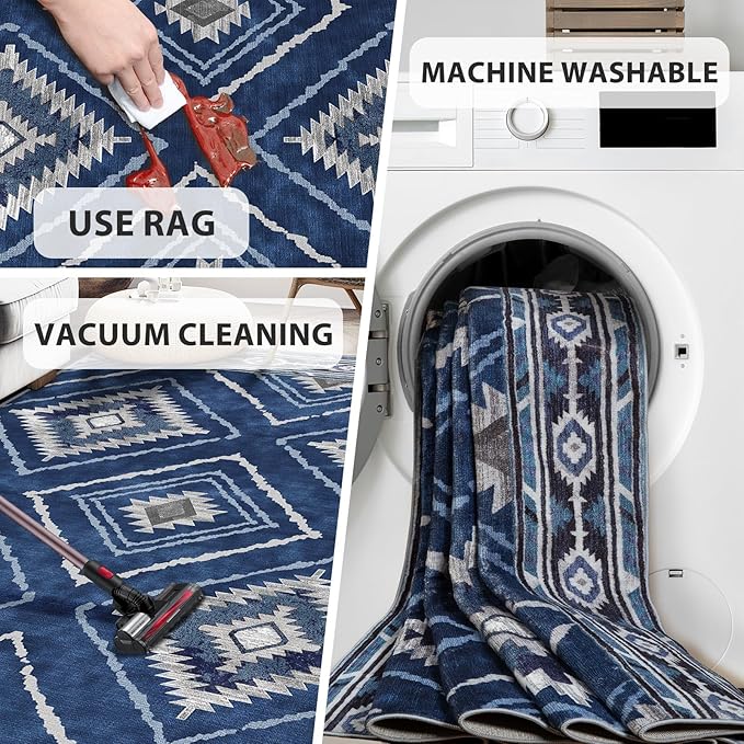 Area Rug 9x12 Rug Machine Washable Non-Slip Low Pile Print Pattern Western Rug for Living Room Bedroom Entryway Tribal Series -Blue/Gray