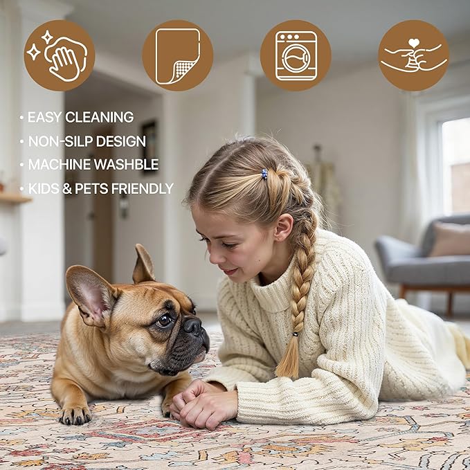 Area Rugs 8x10 Clearance Washable Boho Rug for Bedroom Living Room, Non Slip Thin Low Pile Chenille Carpet for Dining Room,Vintage Farmhouse, Retro Multi