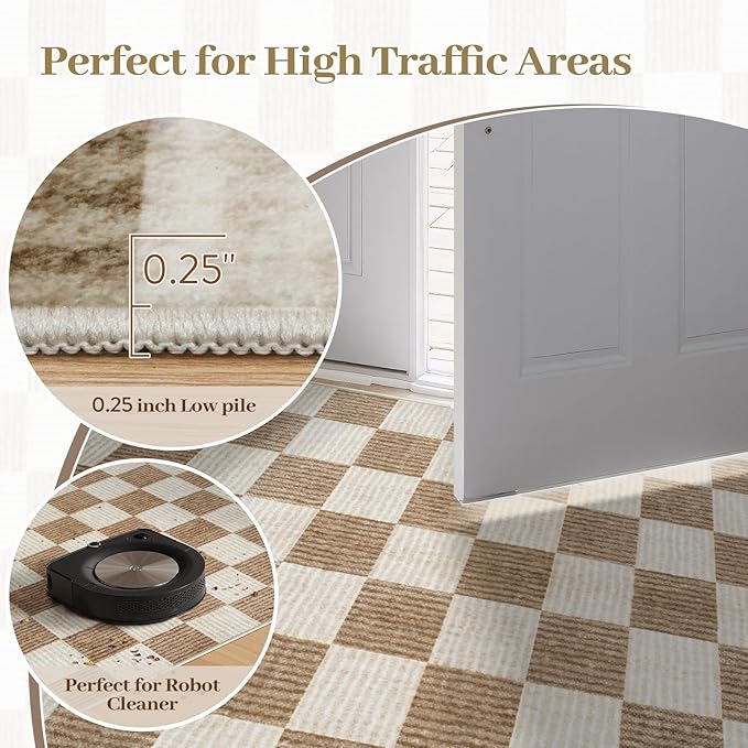 LIVEBOX 8x10 Area Rugs for Living Room, Checkered Non-Slip Washable Rugs, Farmhouse Neutral Classic Geometric Pattern Large Boys Area Rug for Bedroom, Carpet for Dining Room Office(Brown,8'x10')