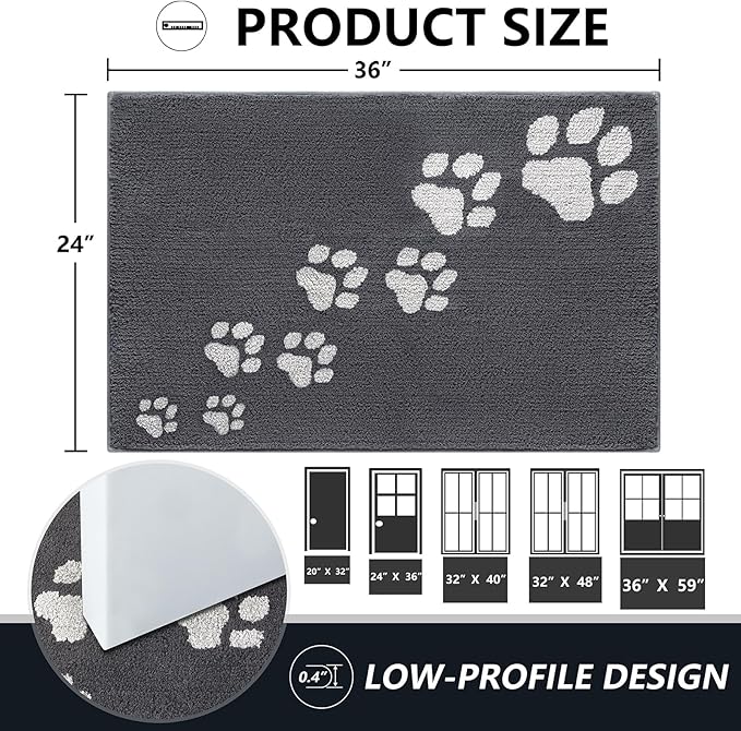 Timo Indoor Door Mat, 24"x36" Super Absorbent Dog Mats for Muddy Paws, Low-Profile Washable Entryway Rug, Rubber Backing Non Slip Front Door Mats, Resist Dirt Inside Entrance Doormat for Shoes, Grey