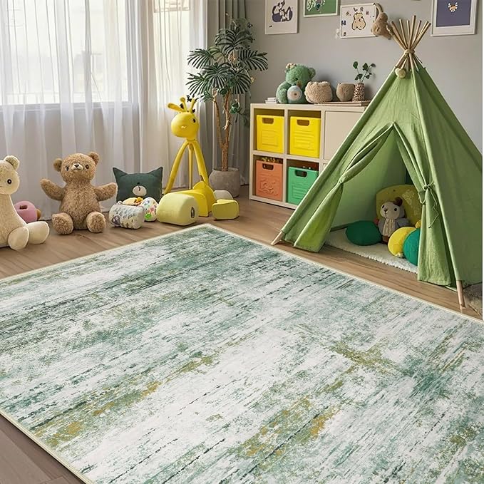6x9 Abstract Area Rugs for Living Room, Modern Washable Indoor Rug for Bedroom, Thin Soft Large Non-Slip Carpet for Dining Room Home Office Farmhouse Decor - Abstract Army Green