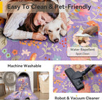 Floral 9x12 Area Rug Machine Washable Soft Print Boho Carpet Non Slip Doormat Low Pile Flower Area Rugs for Living Room Bedroom Nursery Kitchen Dining Room Indoor-Purple/Pink/Multi