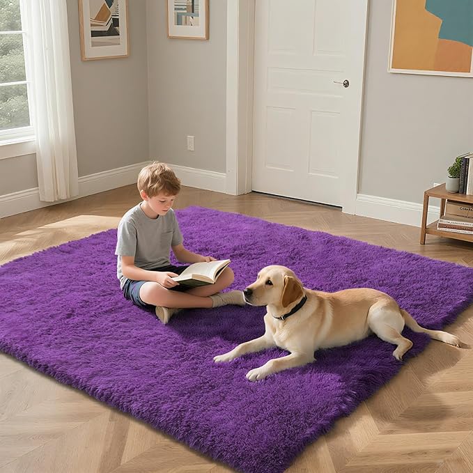 Purple Fluffy Rug Shaggy Area Rug, 8x10 Area Rugs for Girls Bedroom, Big Soft Shaggy Bedside Non-Slip Plush Dorm Nursery Kids Carpet Home Decor Aesthetic