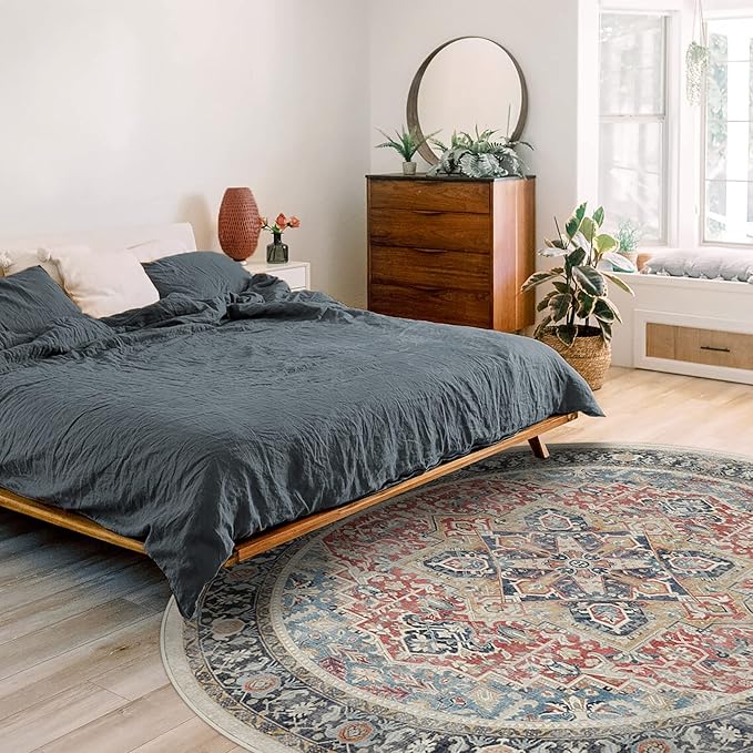 RUGGABLE Washable Vintage Area Rug – Kamran Cayenne Red 6 ft Round, Stain-Resistant, Non-Slip – Medium Machine Washable Rugs for Living Room, Bedroom, Hallway, Entryway & Office–with Standard Pad