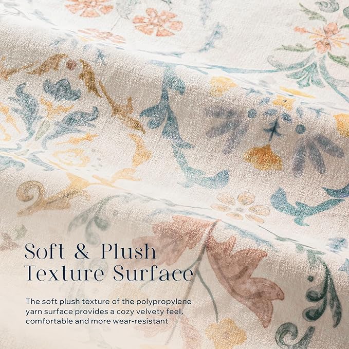 Phantoscope Washable Area Rug 6'x9' Non-Slip, Vintage Floral Boho Rugs for Living Room, Bedroom, DiningRoom, Soft Botanical Moroccan Pattern, Low-Pile Foldable Floor Carpet, Ivory Pink/Boho Garden