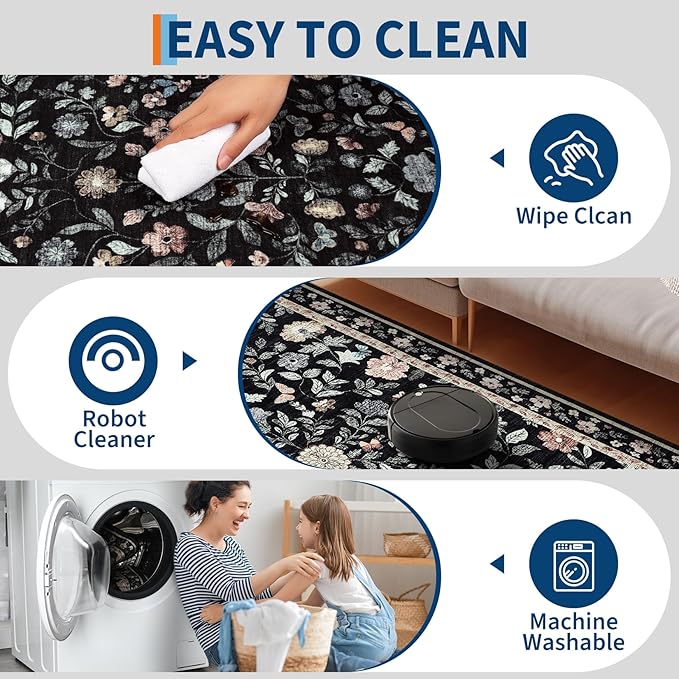 GarveeHome 2x3 Floral Rugs for Entryway, Non-Slip Soft Vintage Throw Door Mat, Low Pile Foldable Farmhouse Carpet, Non-Shedding Indoor Washable Small Rug for Bedroom Kitchen, Black