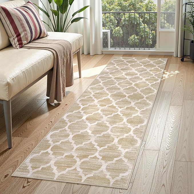 Lahome Moroccan Washable Kitchen Runner Rug - 2x6 Runners for Hallways with Rubber Backing Throw Soft Non-Slip Laundry Room Rug Taupe Print Distressed Modern Carpet Runner for Bathroom Bedroom