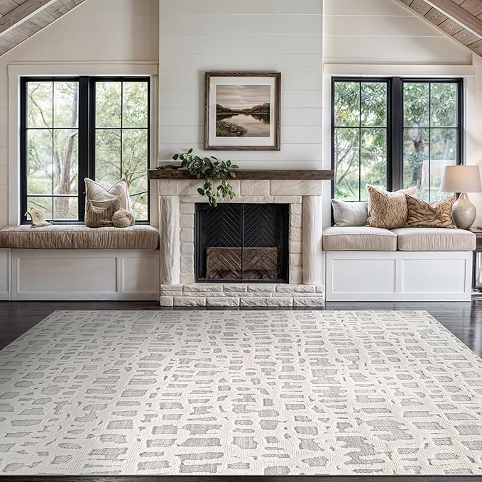 Beverly Rug Micro Loop Area Rug Gray/White 6x9 Abstract Modern Luxury Irregular Grid Durable Soft Indoor Rugs for Living Dining Room Office Stain Resistant Non Shedding Casual Indoor Carpet 6 x 9