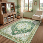 5x7 Green White Area Rug for Living Room, Machine Washable Rugs with Non-Slip Backing for Bedroom, Vintage Medallion Carpet Dining Room Office Kids Room Decor