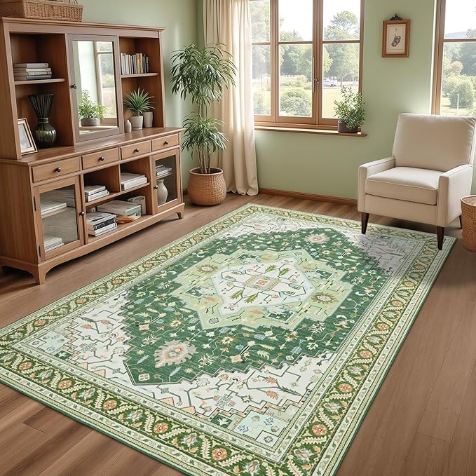 5x7 Green White Area Rug for Living Room, Machine Washable Rugs with Non-Slip Backing for Bedroom, Vintage Medallion Carpet Dining Room Office Kids Room Decor