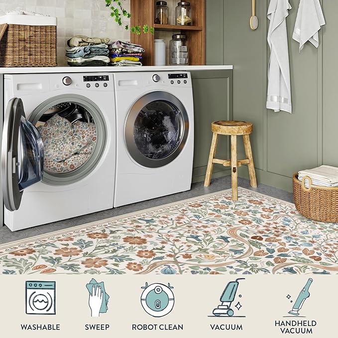 Lahome Floral 8x10 Rugs for Bedroom, Washable Beige Area Rug for Nursery Playroom, Botanical Soft Boho Carpet for Kids Room, Living Room Indoor