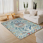 Easy-Going Area Rug 5x7 Washable Boho Rugs for Living Room Non-Slip Bedroom Rug Low Pile Lightweight Medallion Distressed Throw Rug for Dining Room Kitchen Home Office Carpet, Vintage Multi