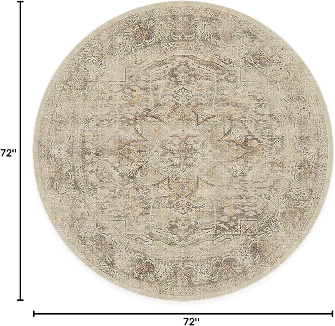 RUGGABLE Washable Vintage Area Rug – Sarrah Hazel 6 ft Round, Stain-Resistant, Non-Slip – Medium Machine Washable Rugs for Living Room, Bedroom, Hallway, Entryway & Office–with Standard Pad