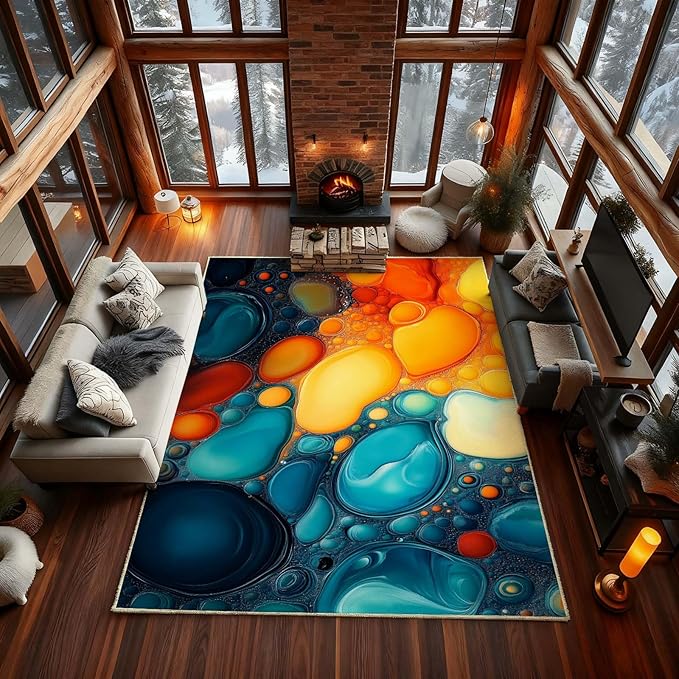 Modern Abstract Area Rug, Fluid Art Abstract Area Rug, Modern Colorful Bubbles Rugs, Geometric Rugs, Washable Non Slip Soft Alcohol Ink Carpet for Living Room (9' x 15'(Rectangular))