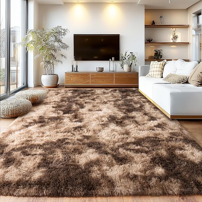 Soft Shaggy Rugs Fluffy Rug, Plush Area Rugs for Living Room Nursery Home Decor, Tie-Dyed Brown Anti-Skid Rectangular Fuzzy Rug 5x7 Feet