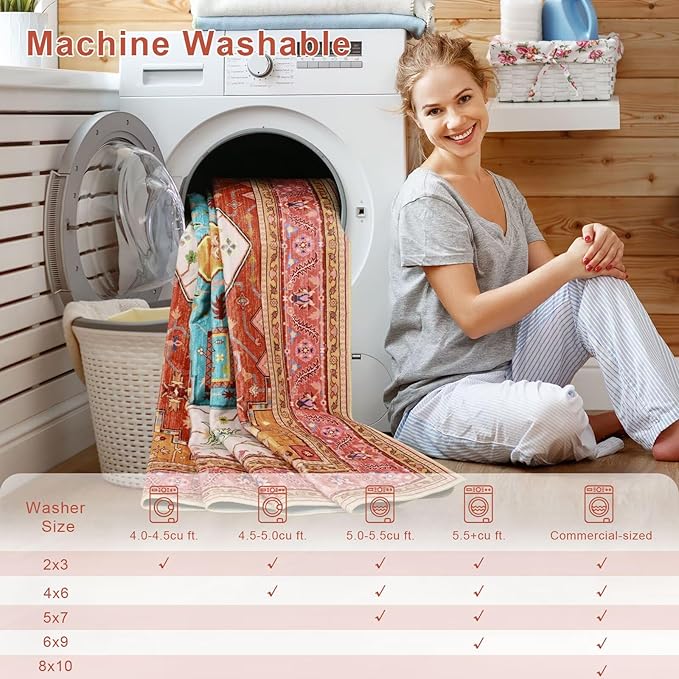 5x7 Orange Pink Area Rug for Living Room, Machine Washable Rugs with Non-Slip Backing for Bedroom, Vintage Medallion Carpet Dining Room Office Kids Room Decor