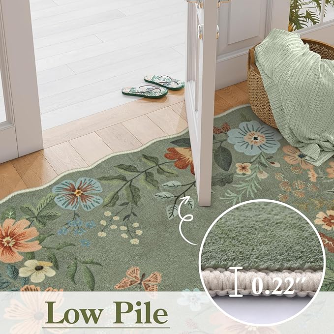 Lahome Floral Washable Round Rugs, Non-Slip Soft Round Rug 4ft Ultra-Thin, Small Boho Circle Carpet for Entryway Kitchen Bedroom Nursery Bathroom, Green