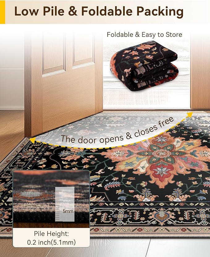 Area Rugs 2'6''x10' Washable Non-Slip, Floral Vintage Distress Print Pattern Medallion Carpet for Living Room Bedroom Dining Room, Black Colorful Floral Dark Tan