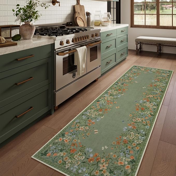 Lahome Boho Floral 2x6 Rug Runners for Hallways Non Slip,Green Kitchen Runner Rugs Non Skid Washable Bathroom Carpet Runner,Soft Non-Slip Indoor Runners for Entryway Laundry Bedroom(Green,2x6)