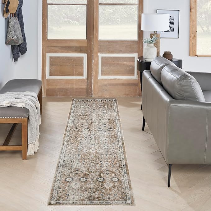 Nourison Home Astra Machine Washable Gold Grey 2'2" x 8' Area Rug - Easy Clean, Non Shedding, Bed Room, Living Room, Dining Room, Kitchen (8' Runner)