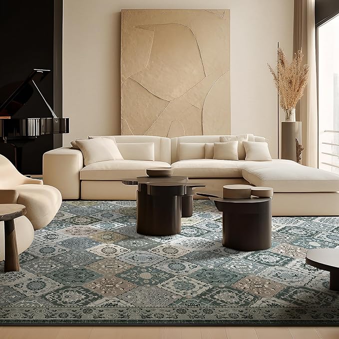 Phantoscope Washable Area Rug 6'x9' Non-Slip, Vintage Boho Rugs for Living Room, Bedroom, Dining Room, Distressed Moroccan Mosaic Diamond Pattern, Low-Pile Foldable Floor Carpet, Grey Charcoal