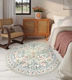 Lahome Round Boho Floral Rugs 4ft, Cream Washable Circle Rugs for Bedroom Nursery, Vintage Beige Circular Carpet, Soft Non-Slip Carpet for Kids Room Playroom Calm Corner, Beige