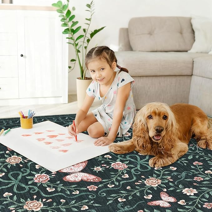 GarveeHome Area Rugs 9x12 Living Room Floral Rugs Non Slip Washable Large Bedroom Throw Carpet Stain Resistant Low Pile Black Bow Rugs Soft Boho Bow and Flower Carpets for Nursery Home Decor, 9x12