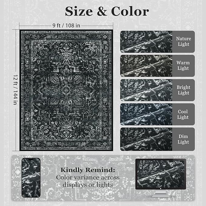 Dark Distressed Washable Area Rugs 9x12 Living Room, Black Vintage Medallion Printed Big Carpet Rugs for Bedroom, Washable Non Slip Low Pile Thin Rugs for Dining Room Home Office