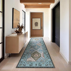 Phantoscope Washable Runner Rug 2'x10' Non-Slip, Vintage Boho Hallway Rugs for Entryway, Stair, Bedroom, Distressed Moroccan Mosaic Diamond Pattern, Low-Pile Foldable Floor Carpet, Blue Teal/Neutral
