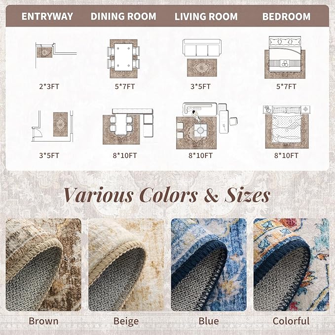 tchdio 2x3 Entryway Rug, Non Slip Front Door Mat Small Washable Rugs, Soft Low Pile Small Area Rug Vintage Doormat, Stain Resistant Rug for Entrance, Kitchen (Brown, 2'x3')