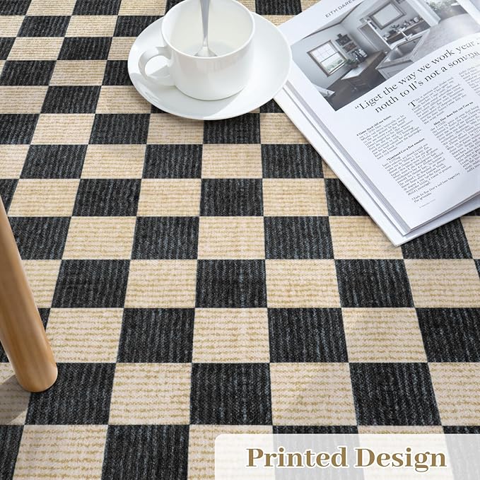 LIVEBOX Machine Washable Area Rug 6x9 Checkered, Non Slip Soft Large Bedroom Living Room Rug Farmhouse Neutral Classic Geometric Boys Rug, Indoor Carpet for Den Dorm Playroom(Black,6'x9')