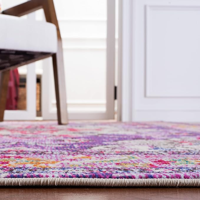 SAFAVIEH Monaco Collection Area Rug - 6'7" Square, Violet & Fuchsia, Boho Chic Medallion Distressed Design, Non-Shedding & Easy Care, Ideal for High Traffic Areas in Living Room, Bedroom (MNC243P)