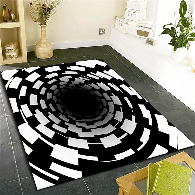 3D Illusion Swirl Area Rugs, 5x7ft, Modern Abstract Grid Black Hole Living Room Carpet, Geometric Black White Check Washable Carpets, Ultra Soft Cozy Shed Resistant Mat for Indoor
