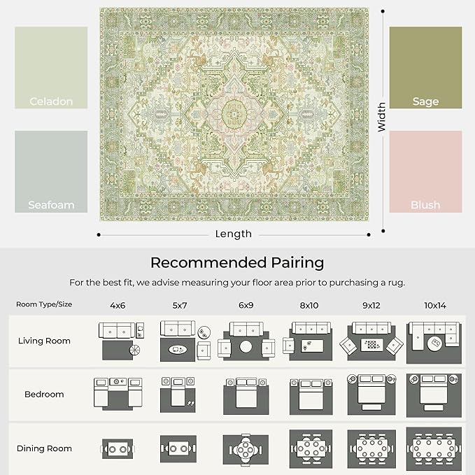 Kokia 8x10 Washable Sage Green Area Rugs with Vintage Orient Design Soft Rug for Living Room or Bedroom Non-Slip Low Pile Stain Resistance Features Distressed Medallion Pattern