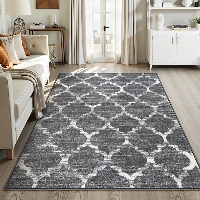 Lahome Moroccan Washable Area Rugs for Living Room - 4x6 Rug Non-Slip Lightweight Soft Bedroom Carpet Throw Low-Pile ‎Stain Resistant Entryway Rug, Grey Print Modern Rug for Office Kitchen Dining Room