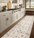 Kitchen Runner Rugs Non Skid Washable - 2.5x8ft Long Cream Colorful Boho Farmhouse Hallway Runner Rug Low Pile Vintage Floral Bohemian Carpet for Hallway Laundry Room Entryway Bedroom Foyer