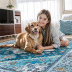 Tangsoo Blue 3x5 Washable Rug, Vintage Indoor Area Rugs, Boho Non Slip Accent Rug Carpet, Soft Low Pile Rugs for Living Room Dorm Bedroom Bedside Entryway Bathroom Home Decor