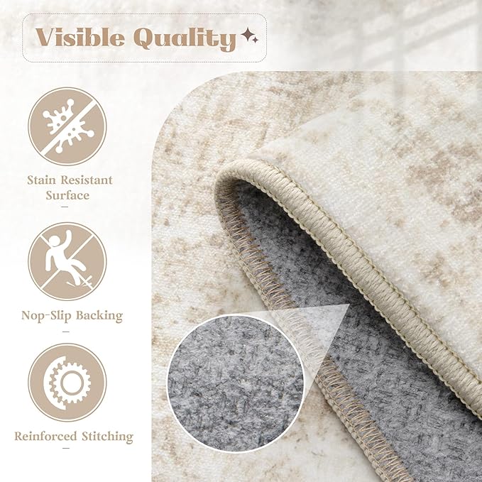 Area Rug 10x12 Washable Rug, Vintage Boho Medallion Rugs Non-Slip Soft Low Pile Large Distressed Rug Indoor Retro Carpet for Living Room Bedroom Dining Room Home Office (Beige, 10'x12')