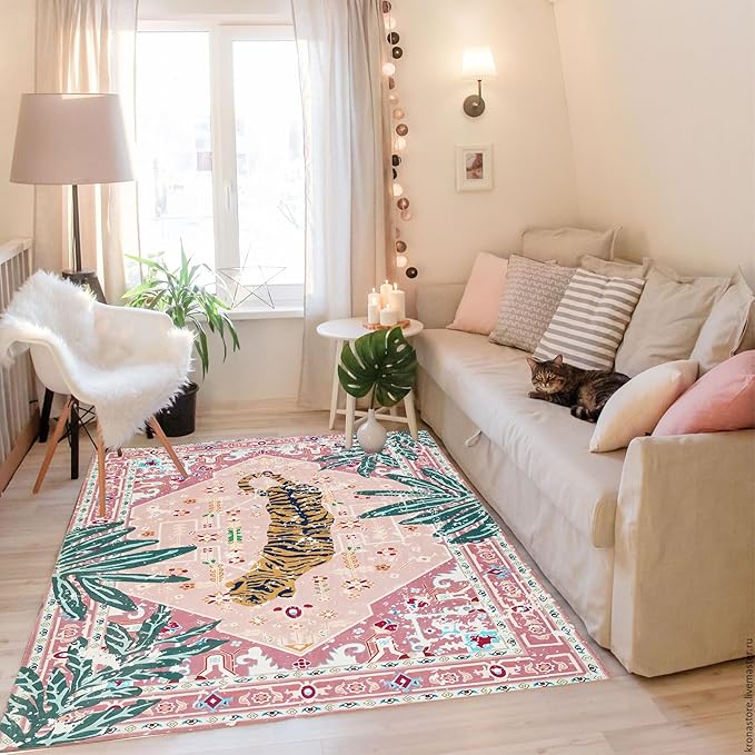Pink Rug 4x6 Oriental Washable Non-Slip Tiger Rug Ultra Soft Vintage Print Tropical Carpet for Living Dining Playroom Nursery Camper