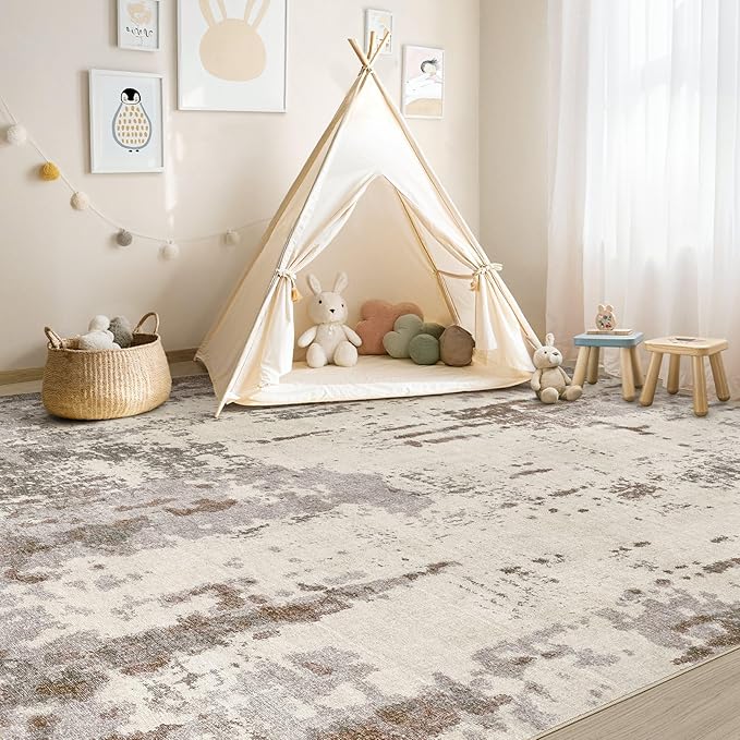 5x8 Area Rug Living Room Rugs - Washable Neutral Modern Abstract Soft Thin Rug Indoor Floor No Slip Rug Carpet for Bedroom Under Dining Table Home Office Decor - Brown/Grey/Beige
